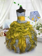 On Sale Gold Organza Lace Up Little Girls Pageant Dress Wholesale Sleeveless Floor Length Beading and Ruffles and Pick Ups