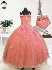 Spaghetti Straps Sleeveless Casual Dresses Floor Length Beading and Appliques Watermelon Red Tulle