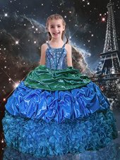Low Price One Shoulder Sleeveless Organza Girls Pageant Dresses Embroidery and Ruffles and Hand Made Flower Lace Up