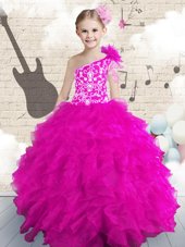 Hot Pink Ball Gowns One Shoulder Sleeveless Organza Floor Length Lace Up Embroidery and Ruffles and Hand Made Flower Pageant Gowns For Girls