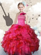 Dazzling One Shoulder Sleeveless Lace Up Floor Length Beading and Ruffles Little Girls Pageant Gowns