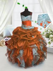 Modern Sleeveless Floor Length Beading and Ruffles and Pick Ups Lace Up Kids Formal Wear with Rust Red