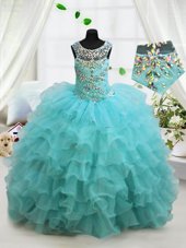 Sweet Scoop Floor Length Lace Up Little Girls Pageant Dress Aqua Blue and In for Party and Wedding Party with Beading and Ruffled Layers