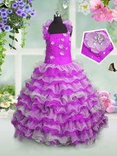 Dramatic Sleeveless Organza Floor Length Lace Up Pageant Gowns For Girls in Fuchsia for with Beading and Appliques and Ruffled Layers