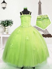 Tulle Spaghetti Straps Sleeveless Zipper Beading and Appliques Little Girls Pageant Dress in Yellow Green