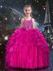 Dramatic Spaghetti Straps Sleeveless Kids Pageant Dress Floor Length Beading and Ruffles Hot Pink Organza