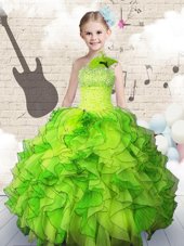 Fantastic Ball Gowns One Shoulder Sleeveless Organza Floor Length Lace Up Beading and Ruffles Girls Pageant Dresses