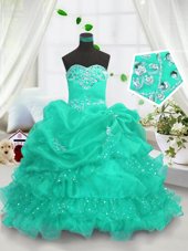 Turquoise Organza Lace Up Sweetheart Sleeveless Floor Length Pageant Gowns For Girls Beading and Ruffled Layers and Pick Ups
