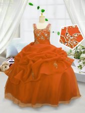 Pick Ups Straps Sleeveless Lace Up Little Girl Pageant Gowns Orange Organza