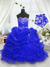 Royal Blue Sleeveless Beading and Ruffled Layers and Pick Ups Floor Length Kids Pageant Dress