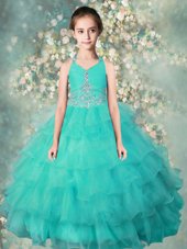 Nice Ruffled Halter Top Sleeveless Zipper Little Girls Pageant Gowns Turquoise Organza