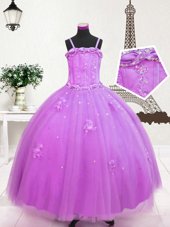 Beading and Appliques Little Girls Pageant Gowns Lilac Zipper Sleeveless Floor Length