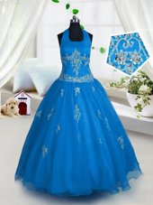 Aqua Blue Lace Up Halter Top Appliques Pageant Gowns For Girls Tulle Sleeveless