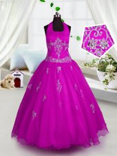 Lovely Fuchsia A-line Halter Top Sleeveless Tulle Floor Length Lace Up Appliques Child Pageant Dress