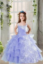 Organza Sleeveless Floor Length Child Pageant Dress and Lace and Ruffled Layers