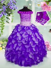 High Quality Off The Shoulder Sleeveless Lace Up Little Girl Pageant Gowns Navy Blue Organza