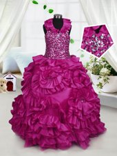 Halter Top Sleeveless Floor Length Beading and Ruffles Zipper Child Pageant Dress with Fuchsia