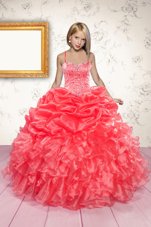 High Quality Coral Red Organza Lace Up Little Girl Pageant Gowns Sleeveless Floor Length Beading and Ruffles and Pick Ups