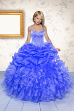 Blue Lace Up Little Girl Pageant Gowns Beading and Ruffles and Pick Ups Sleeveless Floor Length