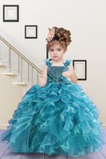 Floor Length Lace Up Girls Pageant Dresses Turquoise and In for Party and Wedding Party with Beading and Ruffles