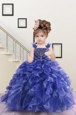 Luxurious Navy Blue Sleeveless Organza Lace Up Little Girls Pageant Dress Wholesale for Military Ball and Sweet 16 and Quinceanera