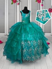 Apple Green Sleeveless Lace and Ruffled Layers Floor Length Little Girls Pageant Dress Wholesale