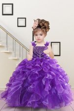 Sleeveless Floor Length Beading and Ruffles Lace Up Little Girls Pageant Dress Wholesale with Purple