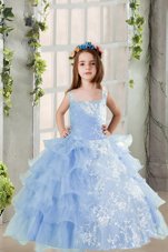 Floor Length Baby Blue Kids Formal Wear Organza Long Sleeves Lace and Ruffled Layers