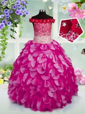 Off the Shoulder Beading and Hand Made Flower Kids Formal Wear Fuchsia Lace Up Sleeveless Floor Length