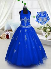 Blue A-line Tulle Halter Top Sleeveless Appliques Floor Length Lace Up Little Girls Pageant Dress