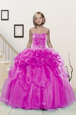 High Quality Fuchsia Ball Gowns Organza Sweetheart Sleeveless Beading and Pick Ups Floor Length Lace Up Little Girls Pageant Dress