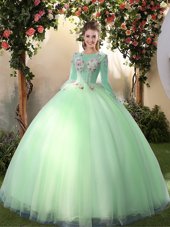Custom Designed Apple Green Ball Gowns Scoop Long Sleeves Tulle Floor Length Lace Up Appliques Quinceanera Dress