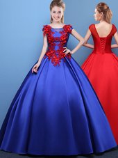 Scoop Cap Sleeves Lace Up Floor Length Appliques Quinceanera Gown