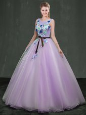 High End Ball Gowns 15th Birthday Dress Lavender Scoop Organza Sleeveless Floor Length Lace Up