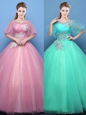 Pink and Turquoise Tulle Lace Up Scoop Half Sleeves Floor Length Sweet 16 Dresses Appliques