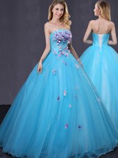 Ideal Strapless Sleeveless Lace Up 15th Birthday Dress Baby Blue Tulle