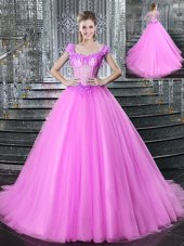 Perfect Straps Straps Fuchsia Sleeveless Brush Train Beading and Appliques With Train Sweet 16 Quinceanera Dress