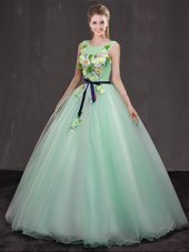 Pretty Scoop Apple Green Organza Lace Up Vestidos de Quinceanera Sleeveless Floor Length Appliques