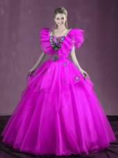 Shining Sleeveless Organza Floor Length Lace Up Sweet 16 Dress in Fuchsia for with Appliques and Ruffles