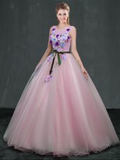 Scoop Sleeveless Lace Up Quinceanera Dresses Pink Organza