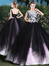 Pink And Black Quince Ball Gowns Military Ball and Sweet 16 and Quinceanera and For with Appliques and Ruffles Scoop Sleeveless Lace Up
