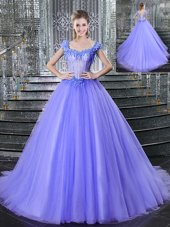 Tulle Straps Sleeveless Brush Train Lace Up Beading Sweet 16 Dresses in Lavender