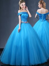 Flirting Off the Shoulder Baby Blue Sleeveless Beading and Appliques Floor Length Quince Ball Gowns