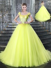 Custom Fit Straps Straps Sleeveless Brush Train Beading and Appliques Lace Up Quince Ball Gowns