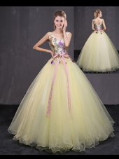 Light Yellow Sleeveless Tulle Lace Up Sweet 16 Dress for Military Ball and Sweet 16 and Quinceanera