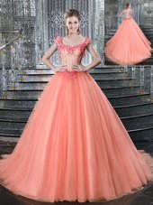 Extravagant Straps Straps Beading Quince Ball Gowns Peach Lace Up Sleeveless With Brush Train