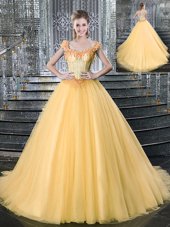 Hot Selling Straps Straps Beading Quinceanera Dresses Gold Lace Up Sleeveless With Brush Train