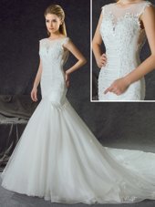 Nice Mermaid White Scoop Neckline Lace and Appliques Wedding Dress Sleeveless Side Zipper