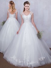 Straps Straps Sleeveless Lace Up Floor Length Lace and Appliques Wedding Gown