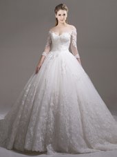 Inexpensive White Ball Gowns Tulle Off The Shoulder Half Sleeves Lace and Appliques Zipper Wedding Dress Cathedral Train